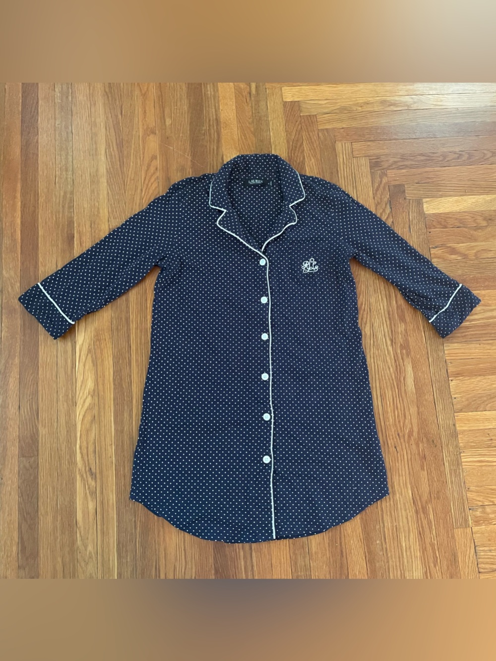 Ralph Lauren Navy Button-Up Shirt with White Polka Dots